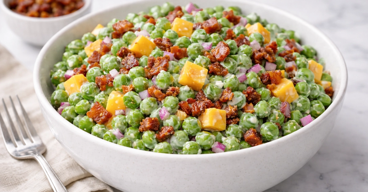 Classic pea salad with cheddar cubes, crispy bacon, and red onion in a white bowl.