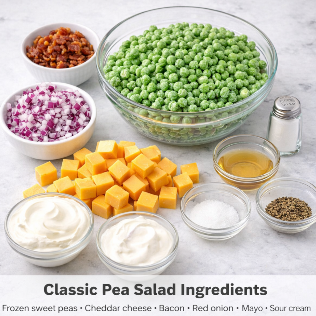 Ingredients for classic pea salad including frozen peas, cheddar cheese cubes, crispy bacon, red onion, mayonnaise, sour cream, vinegar, and seasonings.