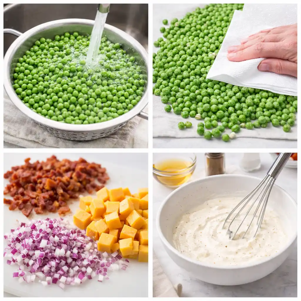 Combining peas, bacon, cheese, onion, and creamy dressing to make classic pea salad.