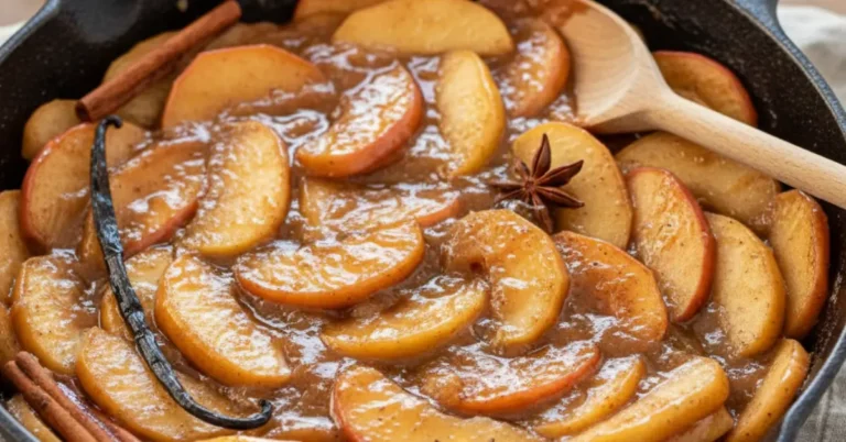Best Homemade Apple Pie Filling Recipe (Better Than Canned) Close-up of stovetop apple pie filling with fresh apple slices, cinnamon sticks, and thick syrup in a cast iron skillet.