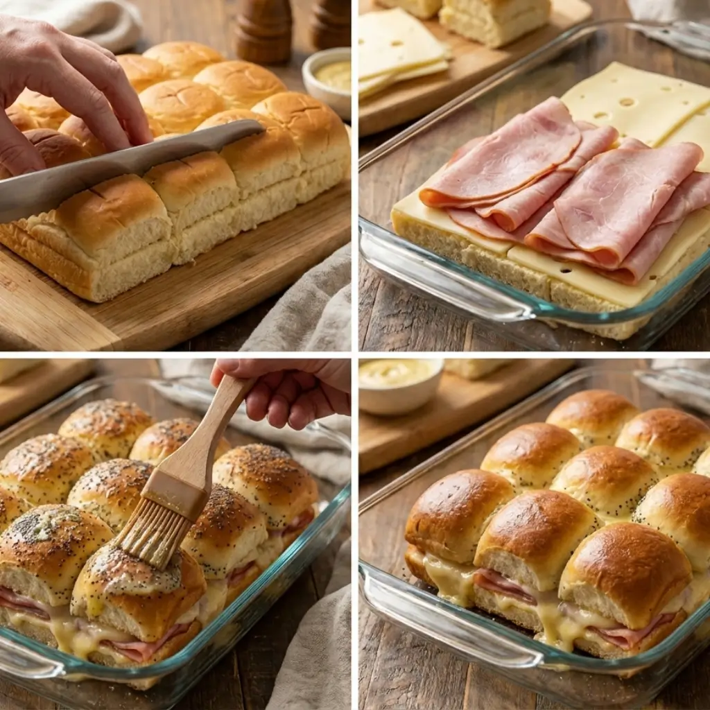 A four-panel instructional collage showing the process of making Hawaiian roll sliders: slicing the rolls as a slab, layering deli ham and Swiss cheese, brushing on the poppy seed butter sauce, and the final golden-brown baked result in a glass dish.