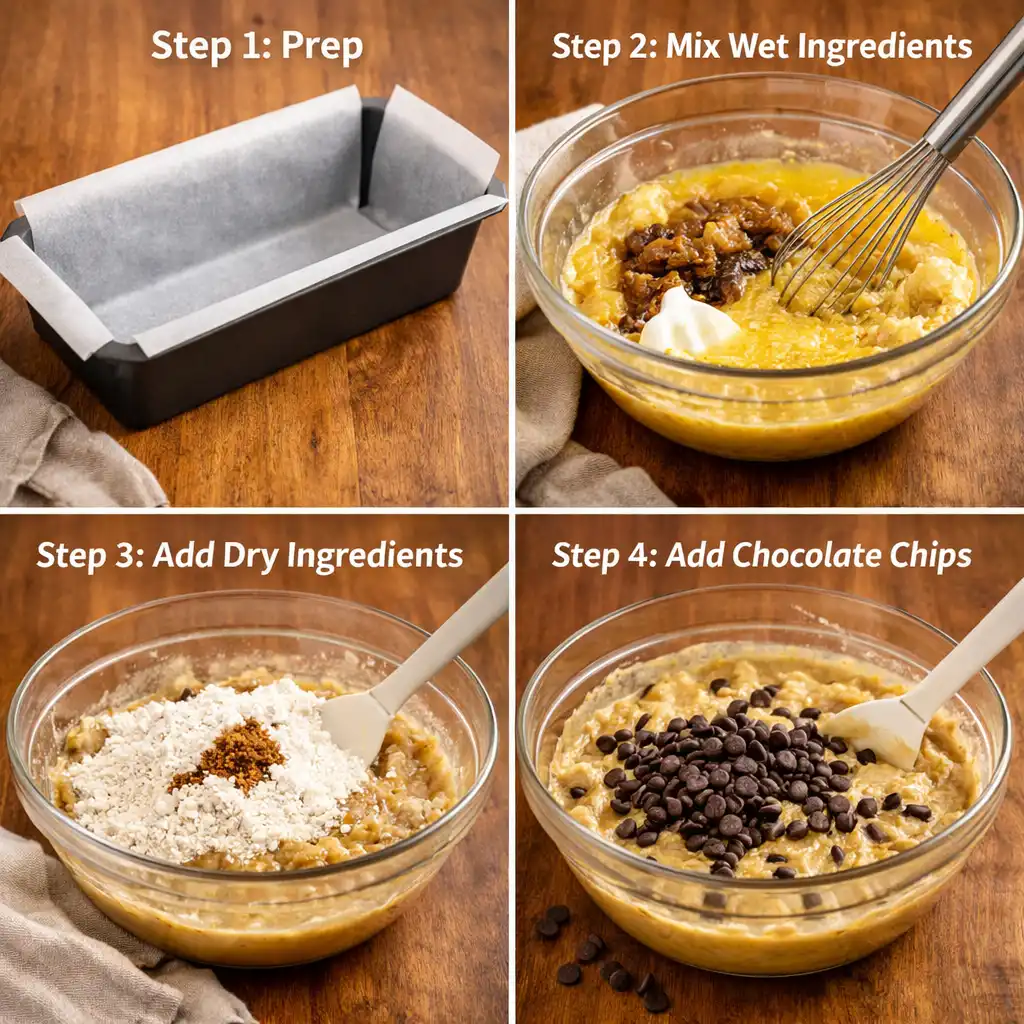 Step-by-step collage showing how to make chocolate chip banana bread recipe, from prepping the pan to mixing batter and folding in chocolate chips.