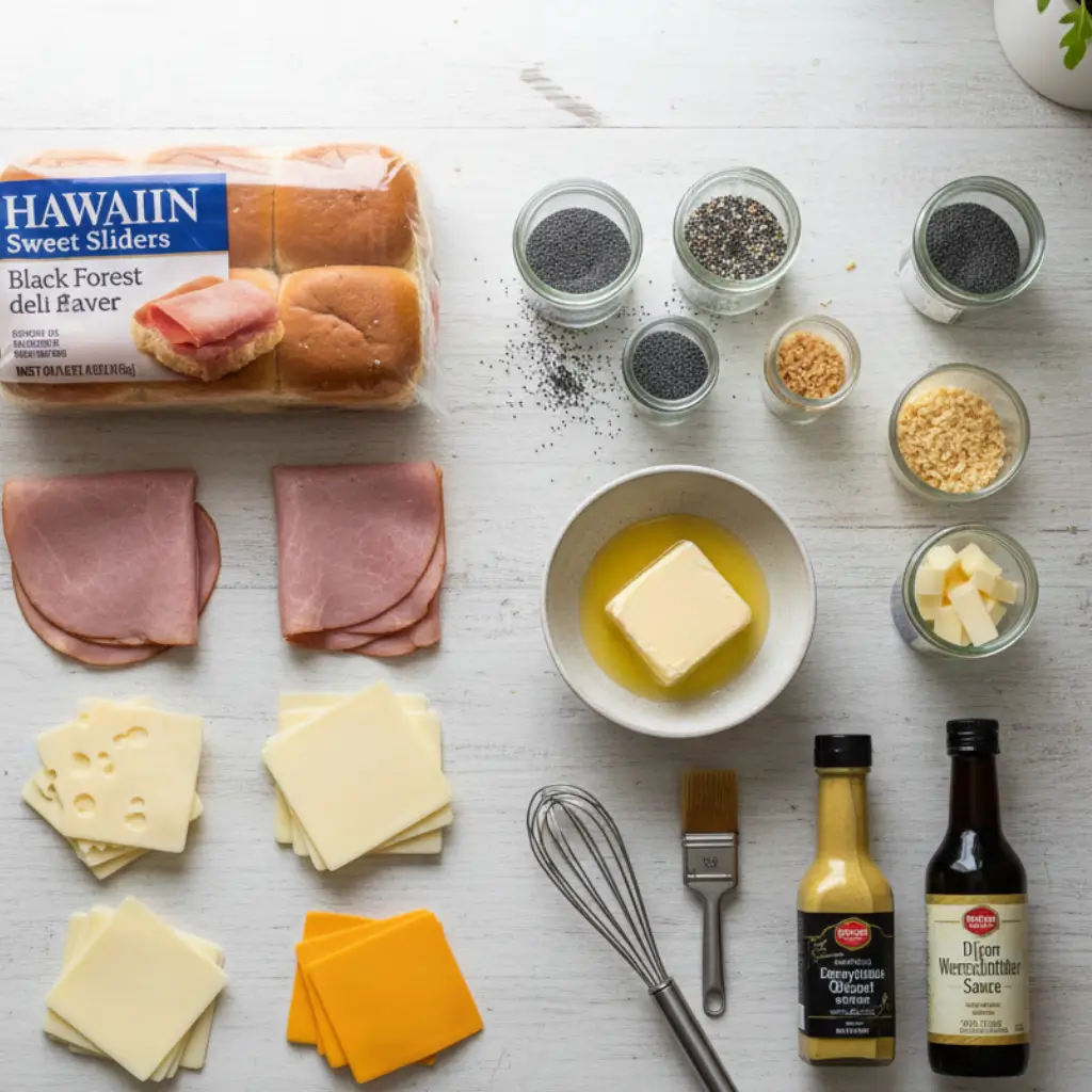 Top-down view of ingredients for ham and cheese sliders laid out on a clean white surface, featuring a package of Hawaiian rolls, sliced deli ham, various cheese slices, melted butter, Dijon mustard, Worcestershire sauce, and poppy seeds.