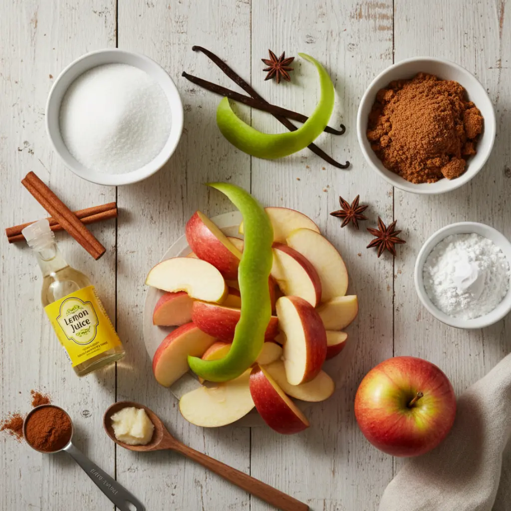 Flat lay arrangement of apple pie filling reciep ingredients including sliced apples, cinnamon sticks, brown sugar, white sugar, cornstarch, and lemon juice on a white wooden surface.