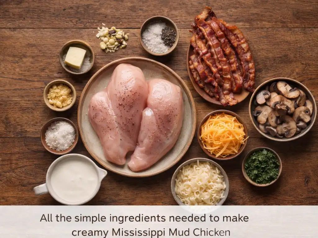Ingredients for Mississippi mud chicken including chicken breasts, bacon, mushrooms, cheese, garlic, and cream