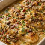 Mississippi mud chicken baked with melted cheese, mushrooms, crispy bacon, and creamy sauce in a casserole dish