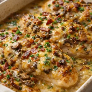 Mississippi mud chicken baked with melted cheese, mushrooms, crispy bacon, and creamy sauce in a casserole dish