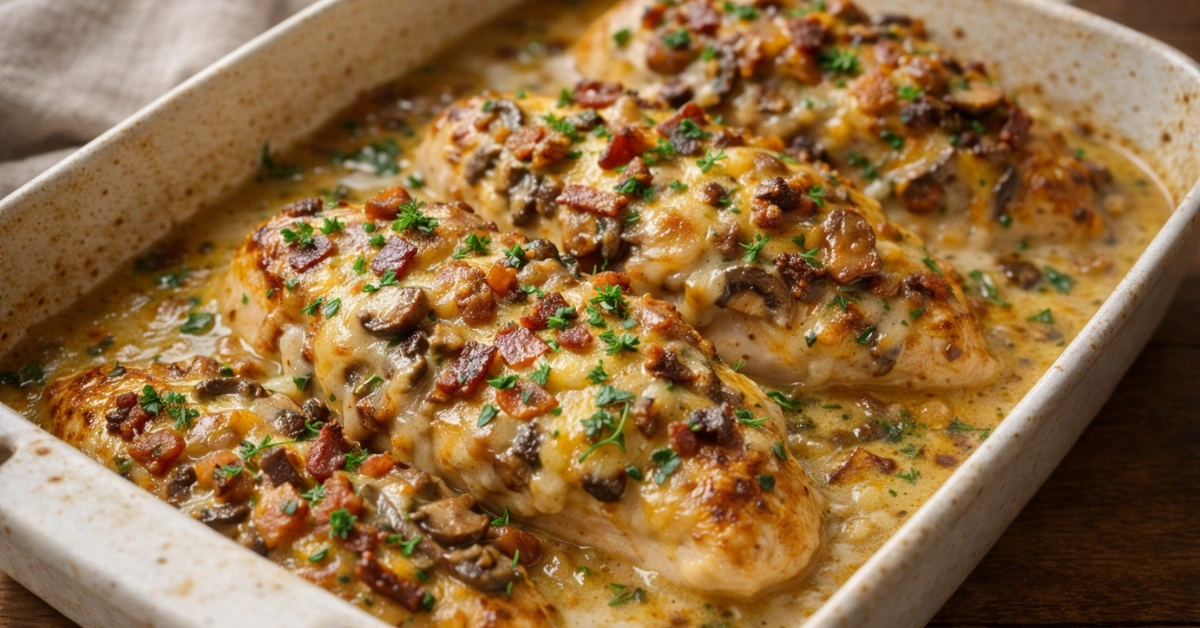 Mississippi mud chicken baked with melted cheese, mushrooms, crispy bacon, and creamy sauce in a casserole dish