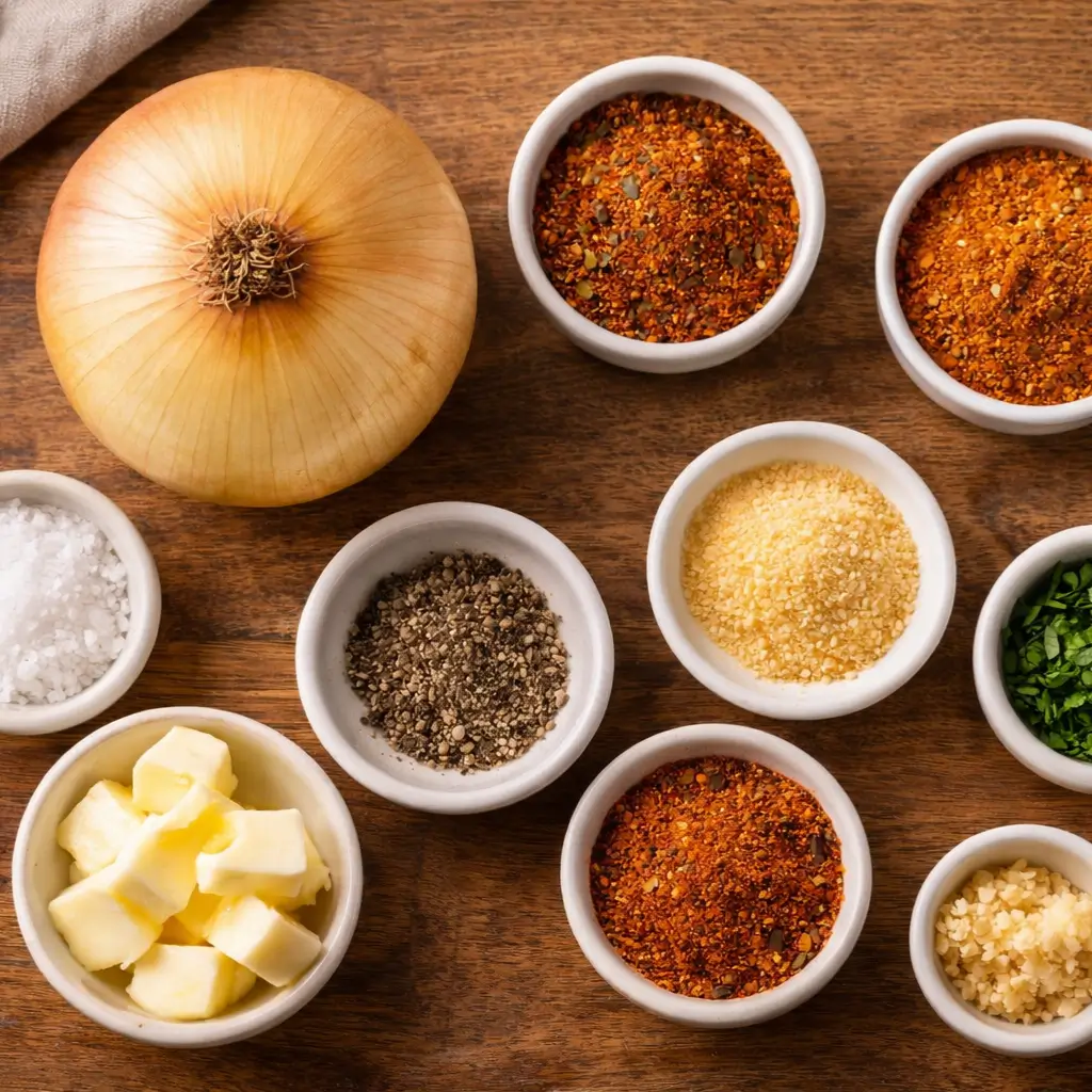 Ingredients for onion boil recipe including sweet onion, butter, Cajun seasoning, Old Bay, and garlic powder.