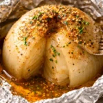 Onion boil in foil opened on a plate with buttery Cajun-seasoned juices and fork-tender layers.