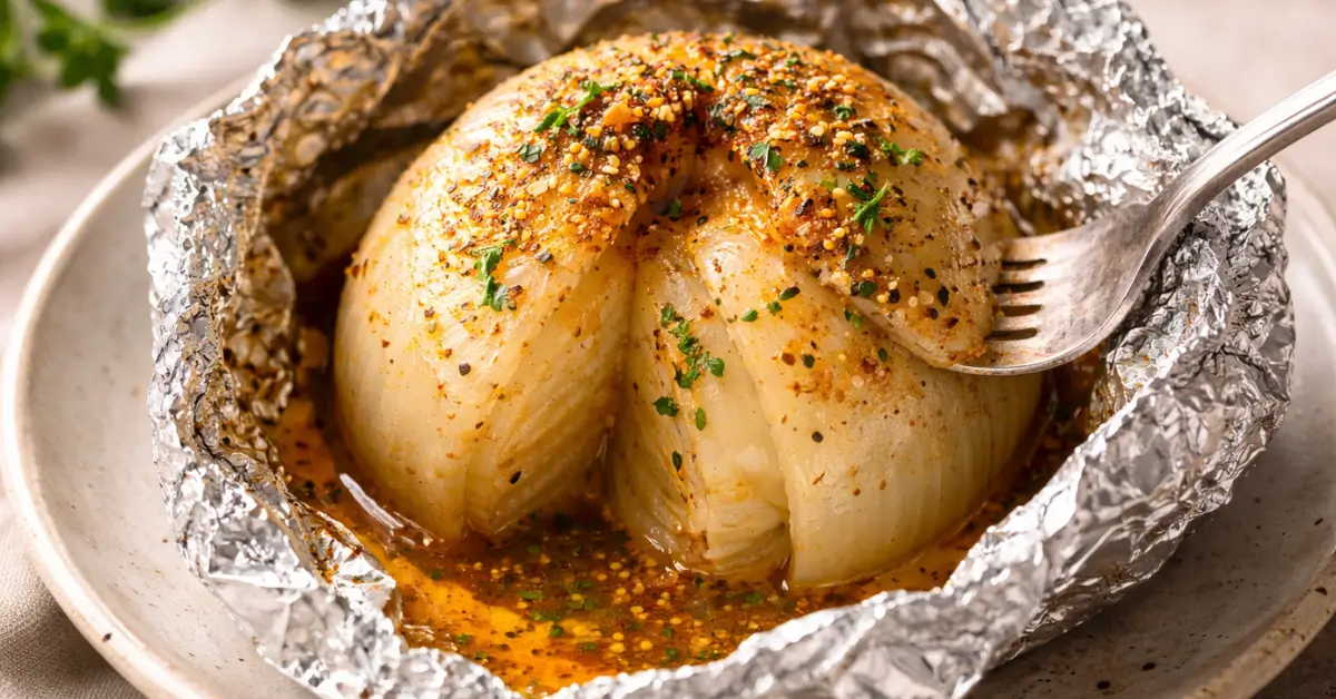 Onion boil in foil opened on a plate with buttery Cajun-seasoned juices and fork-tender layers.