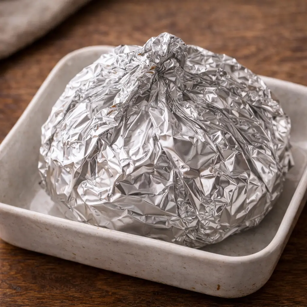 Onion boil wrapped tightly in foil packet ready to bake in the oven.