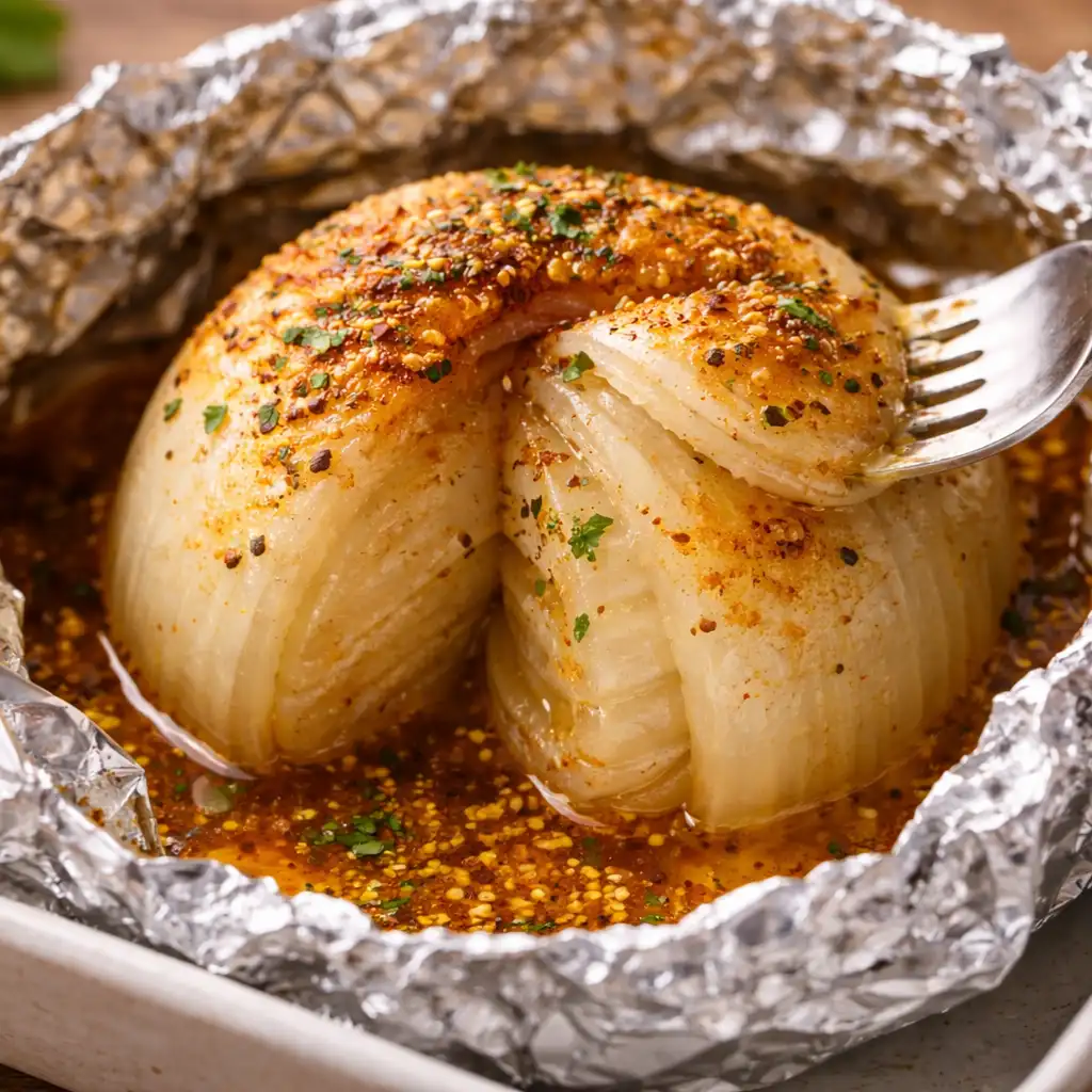 Finished onion boil opened in foil with tender layers and buttery Cajun-seasoned juices.