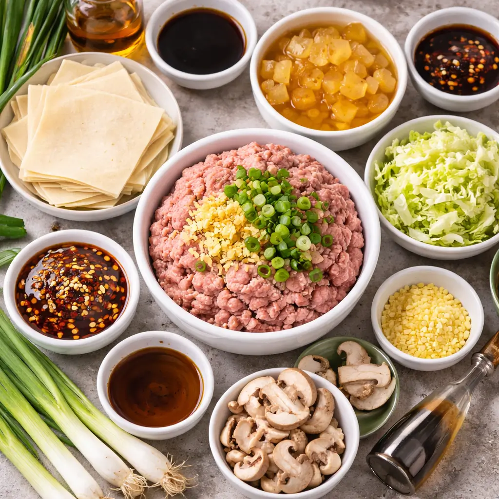 Ingredients for soup dumpling lasagna recipe arranged in bowls, including wonton wrappers, ground pork, broth cubes, soy sauce, chili crisp, scallions, napa cabbage, and mushrooms.
