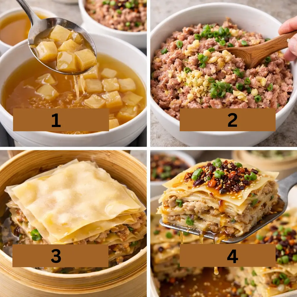 Soup dumpling lasagna recipe steamer method steps 1–4 shown in a grid: broth cubes, mixing pork filling, layering wonton wrappers in a bamboo steamer, and a finished slice topped with chili crisp.