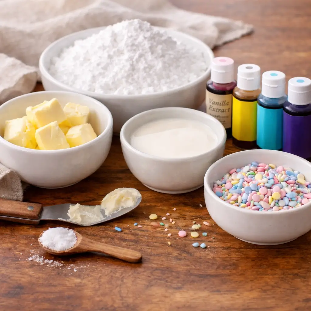 Ingredients for sugar cookie frosting that hardens—softened butter, powdered sugar, cream, vanilla, salt, gel food coloring, and sprinkles on a wooden tabletop.