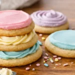 Realistic close-up of sugar cookie frosting that hardens on decorated sugar cookies stacked on a warm wooden table.