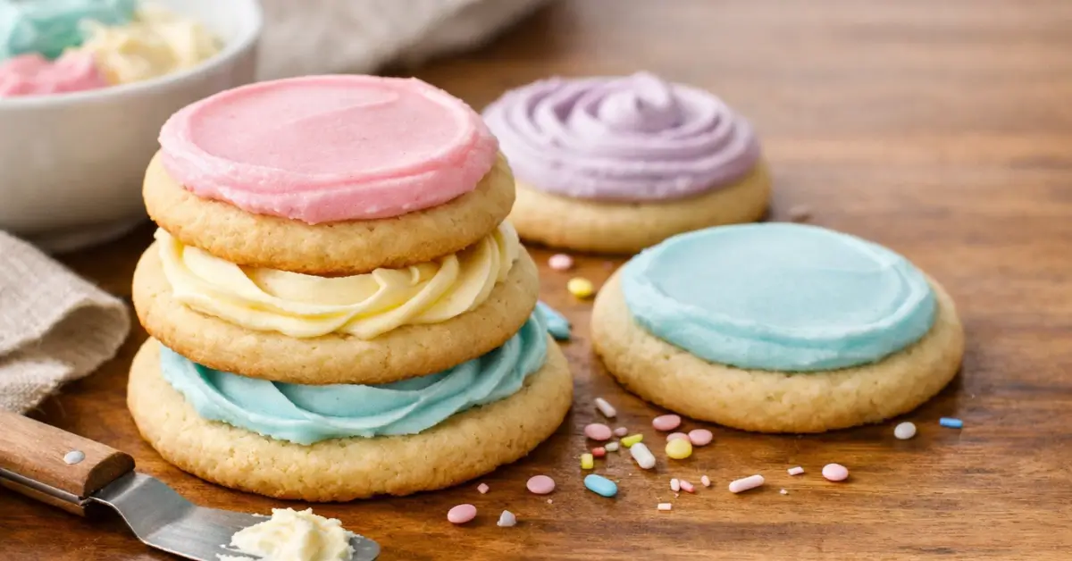 Realistic close-up of sugar cookie frosting that hardens on decorated sugar cookies stacked on a warm wooden table.