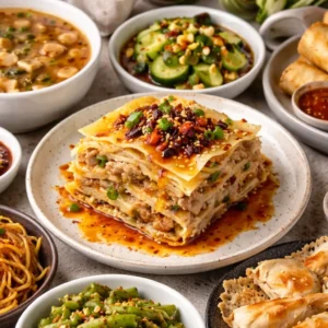 What to serve with soup dumpling lasagna: a plated slice topped with chili crisp surrounded by cucumber salad, noodles, green beans, spring rolls, potstickers, and dipping sauces.