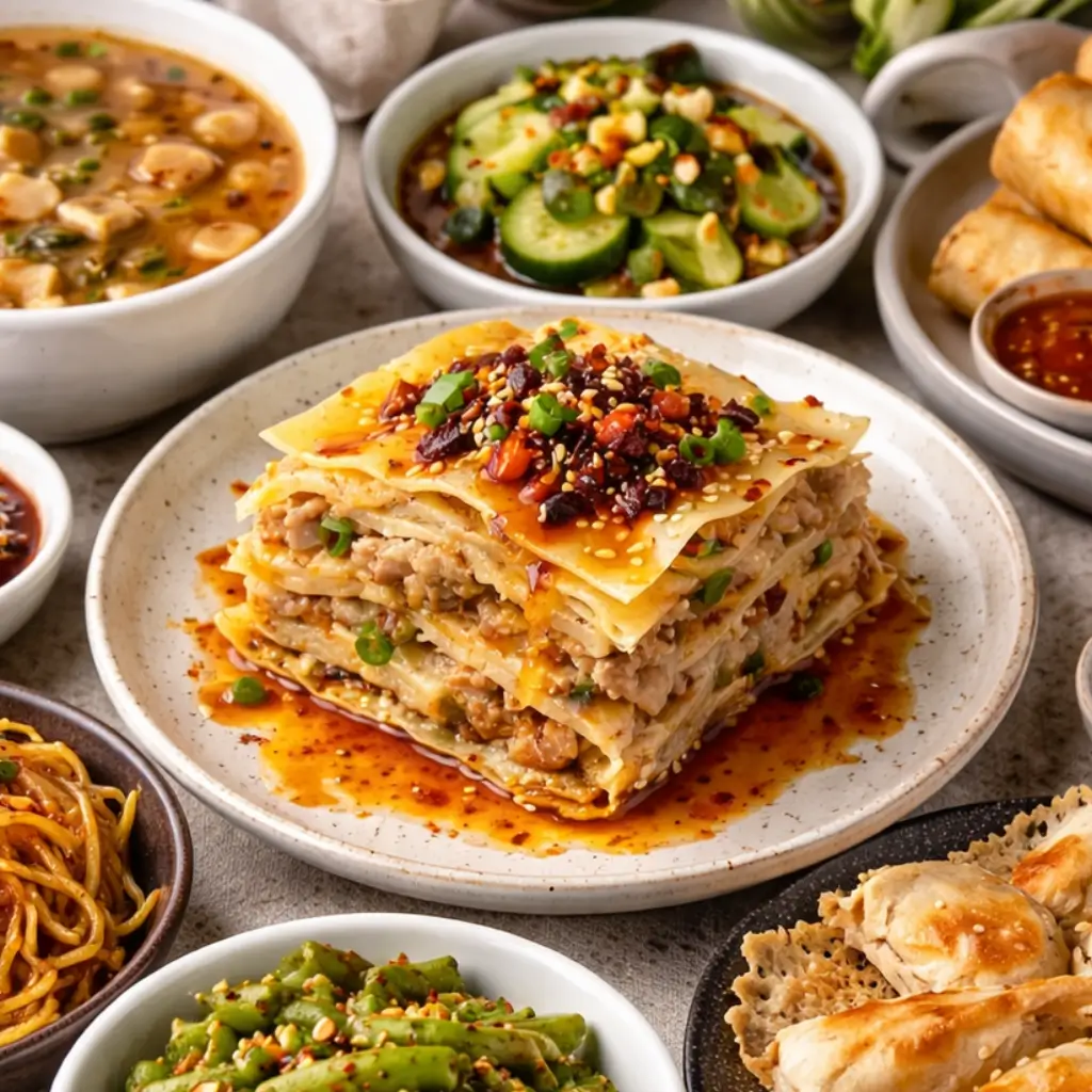 What to serve with soup dumpling lasagna: a plated slice topped with chili crisp surrounded by cucumber salad, noodles, green beans, spring rolls, potstickers, and dipping sauces.