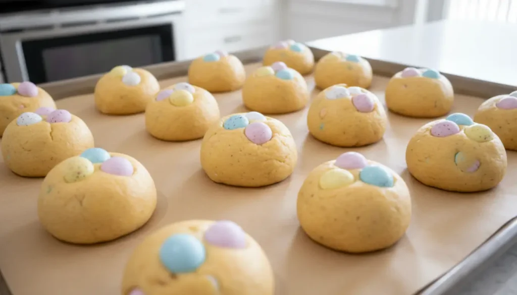 Cadbury Egg Cookies dough balls on a baking sheet, each topped with pastel Cadbury mini eggs before baking.