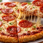 Chicken crust pizza recipe with a crispy golden chicken-based crust, melted mozzarella, and pepperoni on a fresh baked pizza