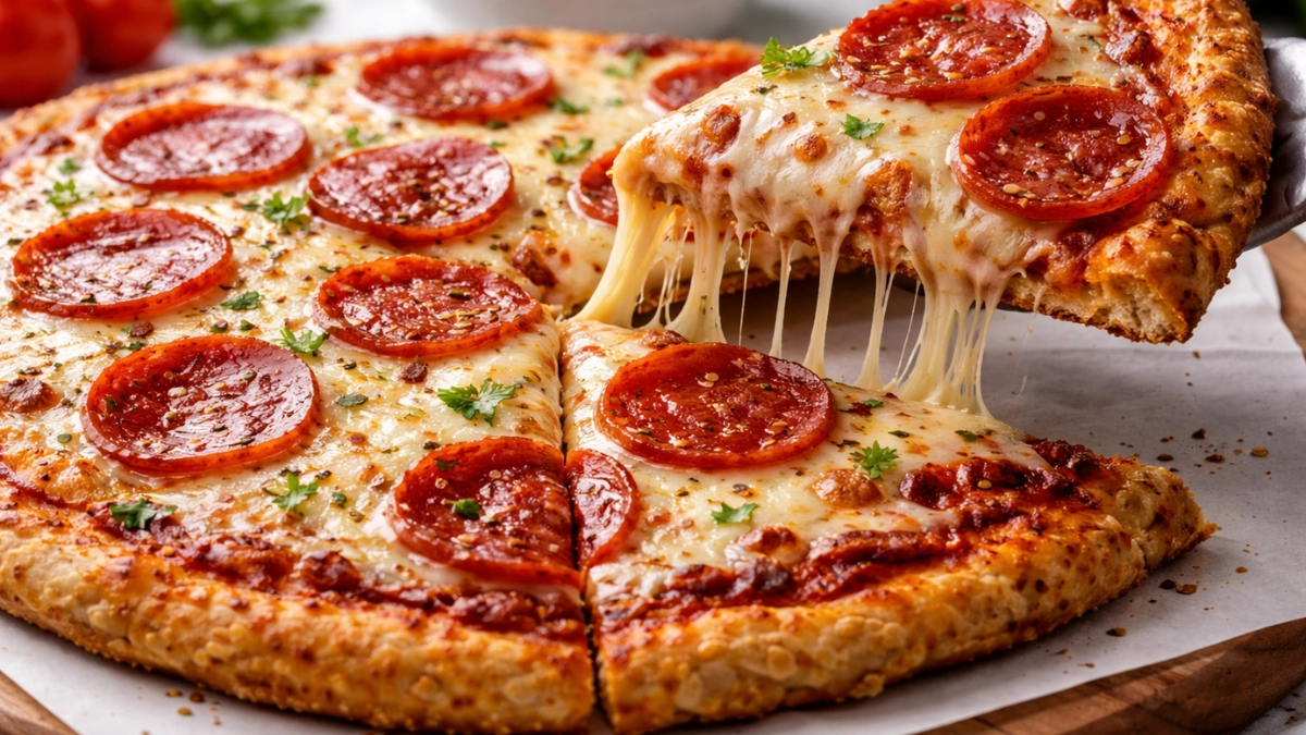 Chicken crust pizza recipe with a crispy golden chicken-based crust, melted mozzarella, and pepperoni on a fresh baked pizza