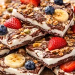 Chocolate yogurt bark recipe made with Greek yogurt, dark chocolate, strawberries, blueberries, banana slices, and crunchy nuts on parchment paper.