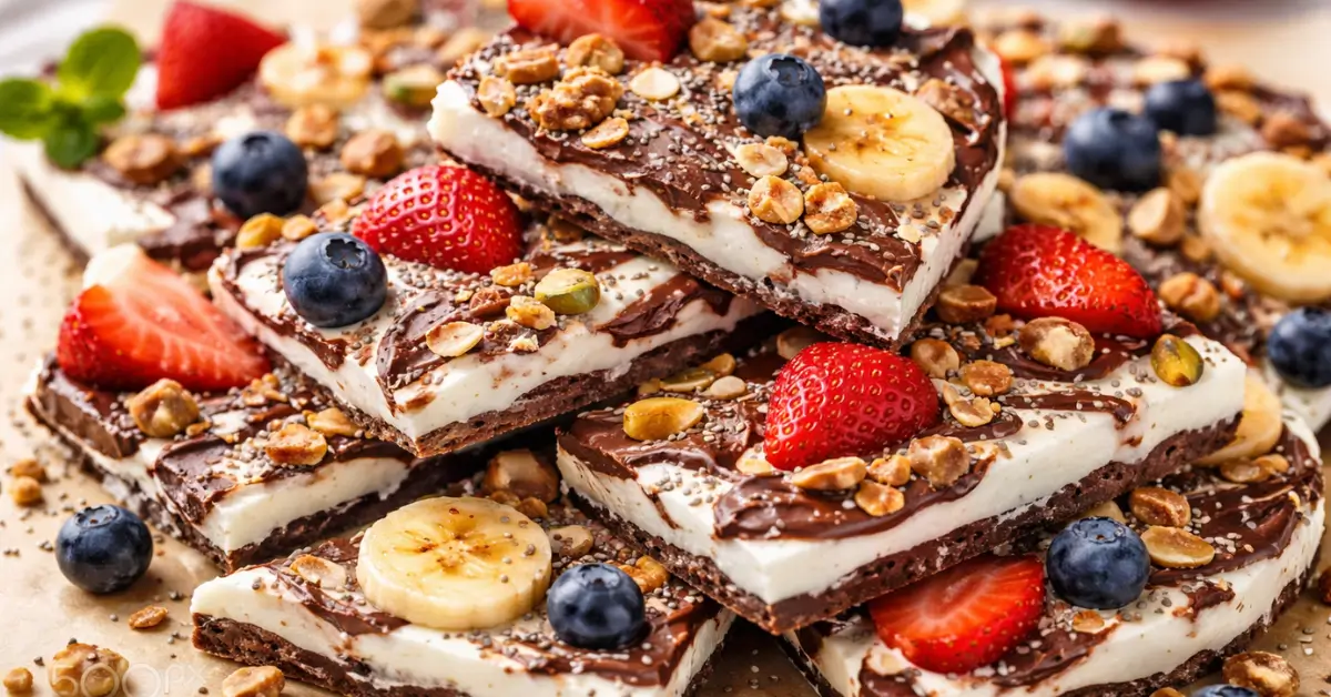 Chocolate yogurt bark recipe made with Greek yogurt, dark chocolate, strawberries, blueberries, banana slices, and crunchy nuts on parchment paper.