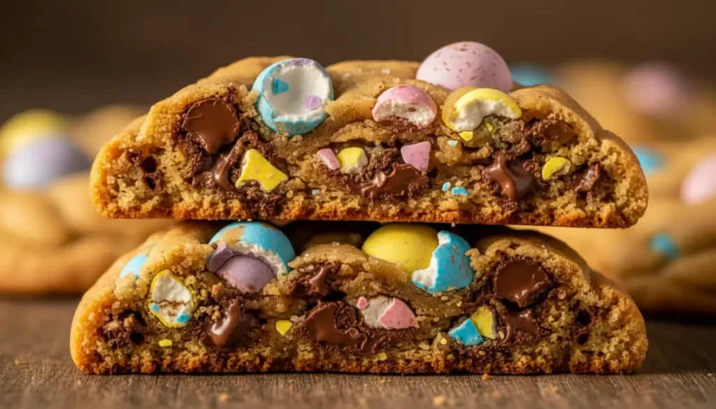 Close-up of soft and chewy Cadbury Egg Cookies cut in half, showing melted chocolate and pastel Cadbury mini eggs inside.