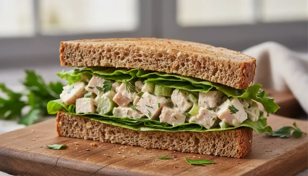 Healthy chicken salad recipe sandwich on whole grain bread with lettuce, diced chicken, celery, and fresh herbs.