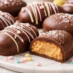 Homemade peanut butter Easter eggs with a smooth chocolate coating, pastel drizzle, and a creamy peanut butter filling on a marble board