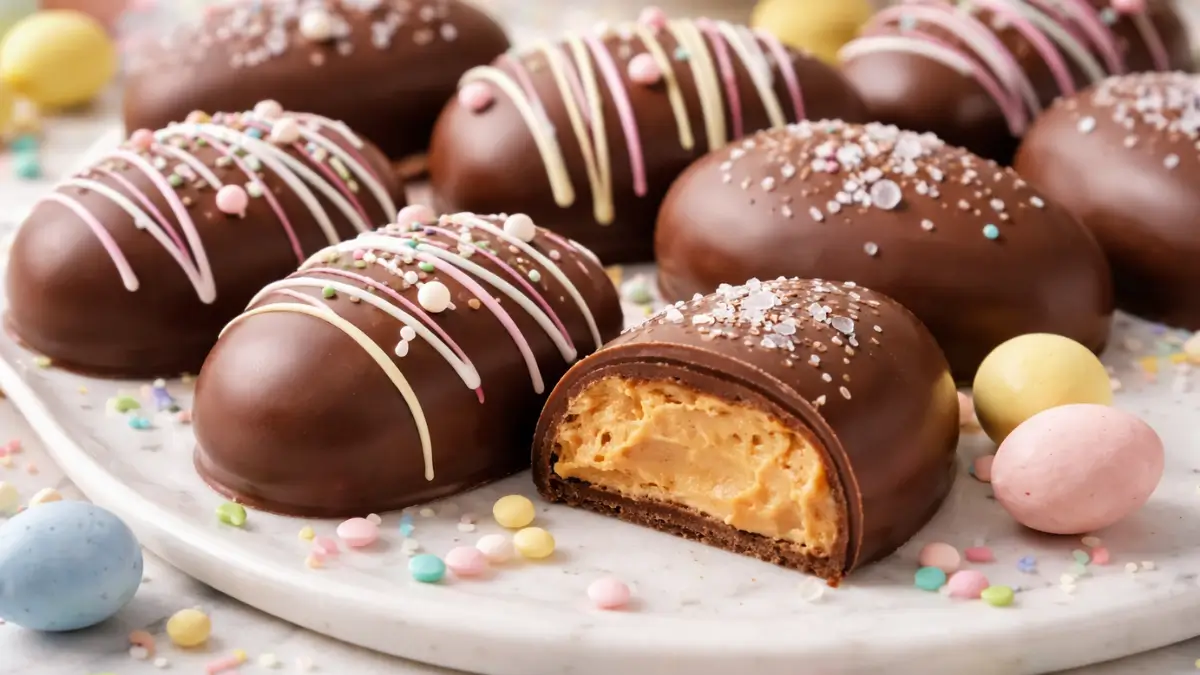 Homemade peanut butter Easter eggs with a smooth chocolate coating, pastel drizzle, and a creamy peanut butter filling on a marble board