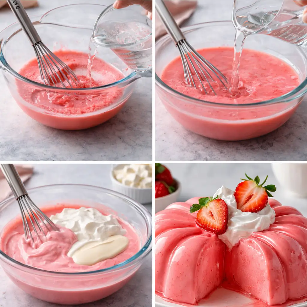 Step-by-step pink gelatin recipe grid showing gelatin being mixed with hot and cold liquid, creamy ingredients added, and the finished dessert set in a dish with whipped cream and strawberries.