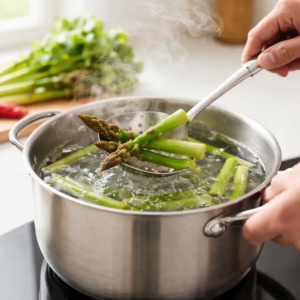 Blanching asparagus for a spring salad recipe in a pot of boiling water to keep it crisp-tender and bright green.
