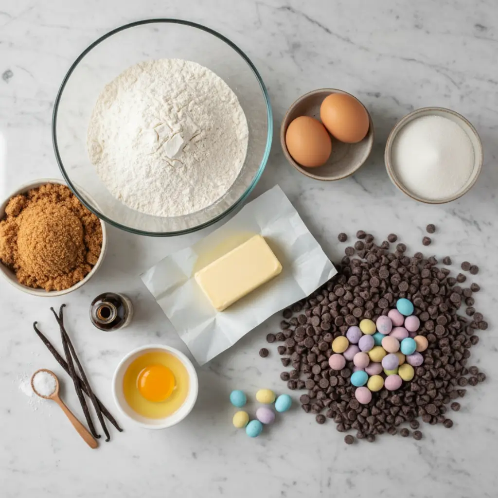 Ingredients for Cadbury Egg Cookies arranged on a marble surface, including flour, brown sugar, butter, eggs, vanilla, chocolate chips, and pastel Cadbury mini eggs.