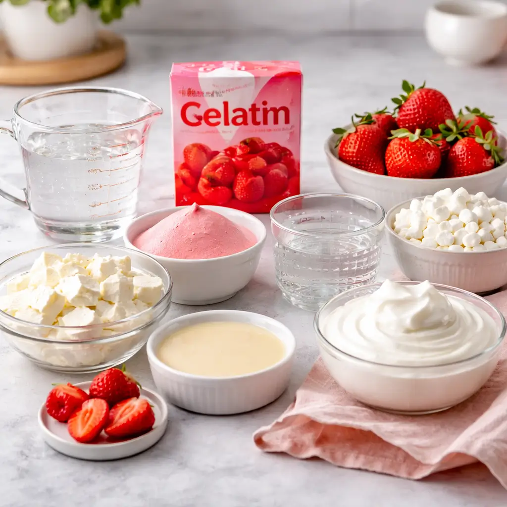 Pink gelatin recipe ingredients arranged on a kitchen table with strawberry gelatin mix, water, whipped topping, cream cheese, sweetened condensed milk, strawberries, and mini marshmallows.