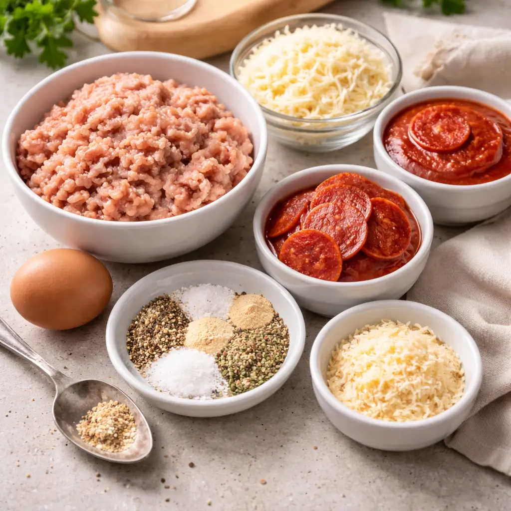 Ingredients for a chicken crust pizza recipe arranged on a kitchen table, including ground chicken, egg, mozzarella, Parmesan, seasonings, pizza sauce, and pepperoni for an easy chicken crust pizza.