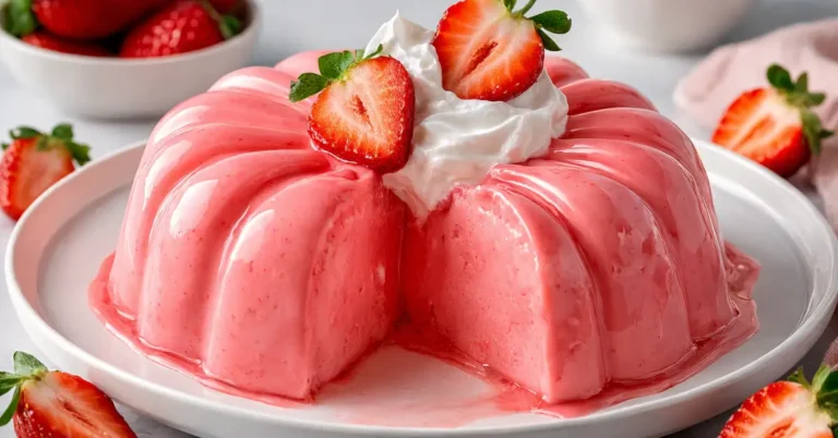 Pink Gelatin Recipe Pink gelatin recipe served in a glossy ring mold and topped with whipped cream, strawberries, and raspberries on a white plate