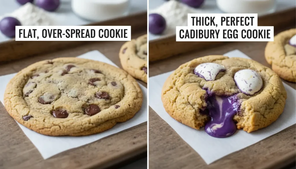 Side-by-side comparison of Cadbury Egg Cookies showing one flat, over-spread cookie and one thick Cadbury Egg Cookie for a baking troubleshooting guide.
