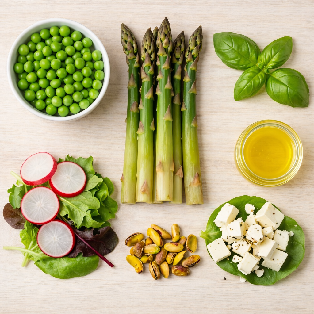 Spring salad recipe ingredients arranged on a light wood surface, including asparagus, peas, radishes, mixed greens, feta, pistachios, basil, and olive oil.