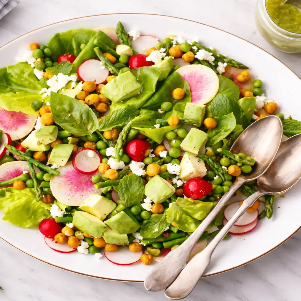 Spring salad recipe served on a platter with lettuce, asparagus, peas, radishes, avocado, chickpeas, feta, and a bright lemon-herb dressing.
