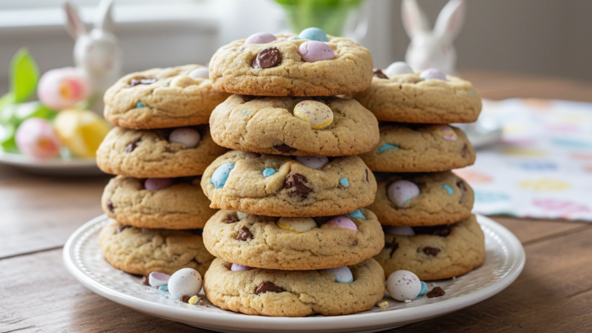 Stack of soft and chewy Cadbury Egg Cookies on a white plate, topped with pastel Cadbury mini eggs and chocolate chips in an Easter setting.
