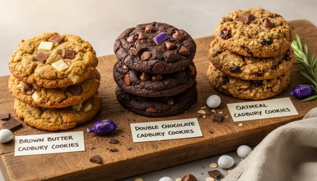 Three Cadbury Egg Cookies variations on a wooden board, including brown butter, double chocolate, and oatmeal Cadbury cookies.