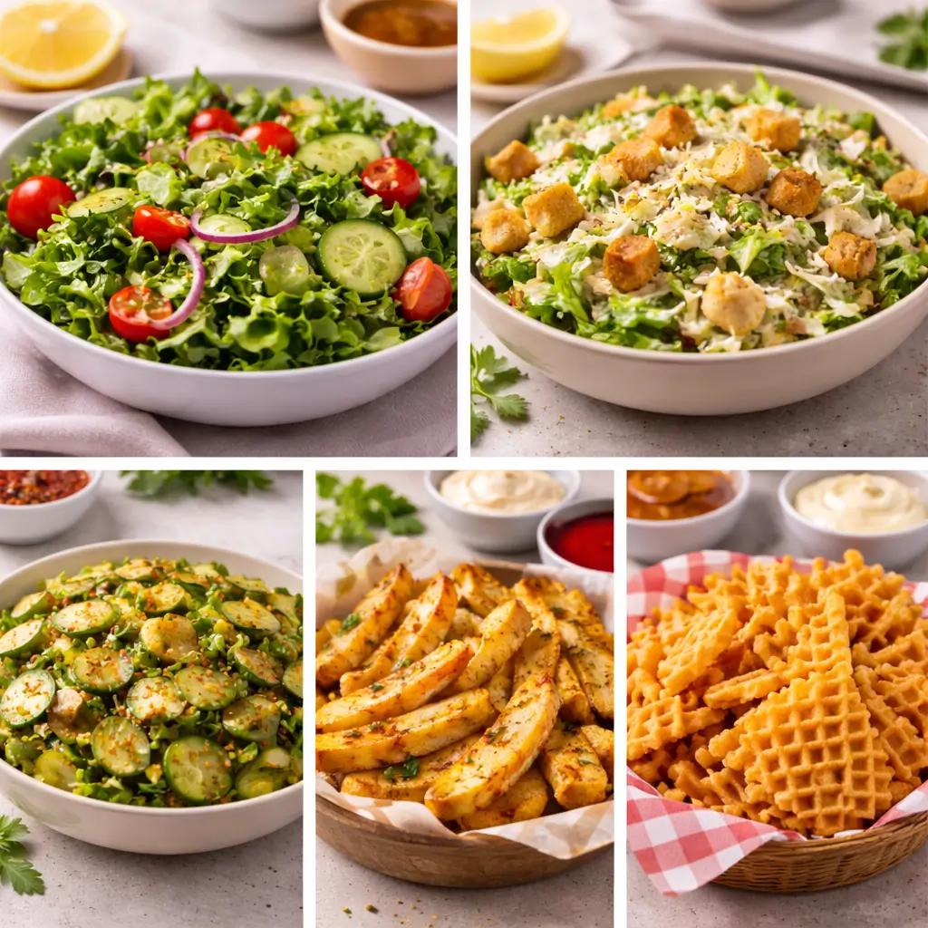 Serving ideas for a chicken crust pizza recipe shown in a square grid with a green salad, Caesar salad, cucumber salad, potato wedges, and waffle fries.