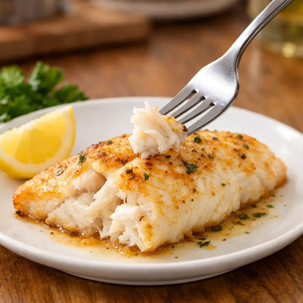Fork lifting a flaky piece of baked orange roughy to check doneness and texture on a white plate.