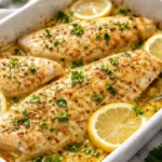 Baked orange roughy recipe with flaky lemon butter fish fillets in a baking dish, topped with parsley and fresh lemon slices.
