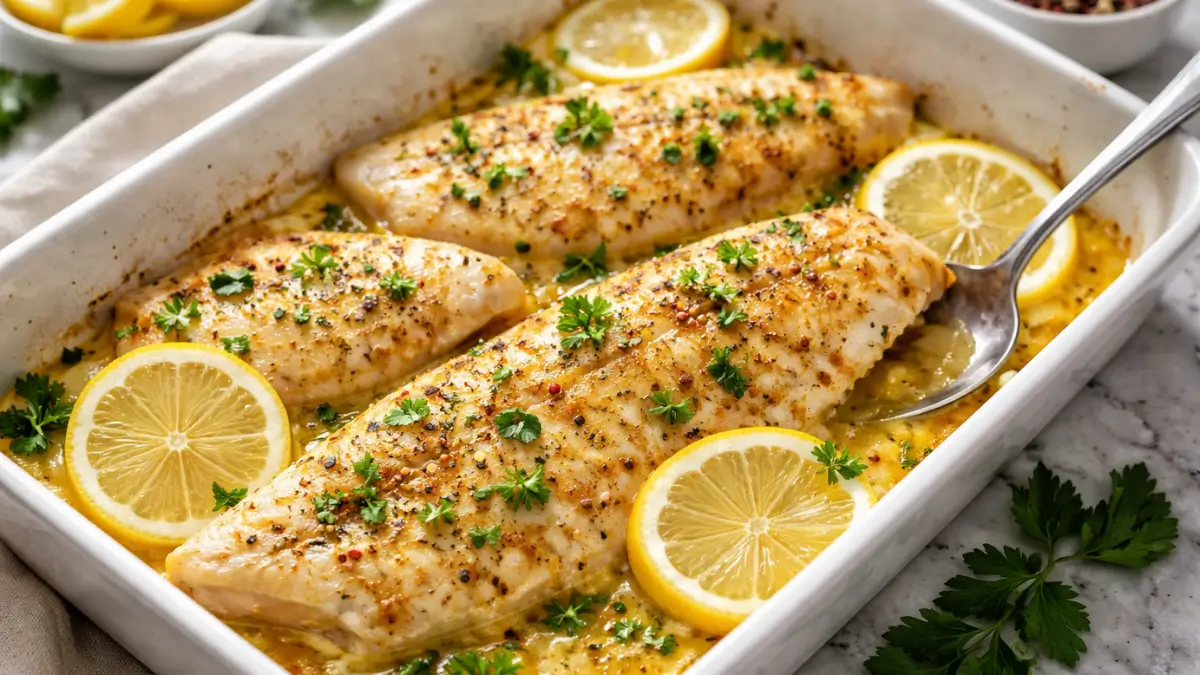 Baked orange roughy recipe with flaky lemon butter fish fillets in a baking dish, topped with parsley and fresh lemon slices.