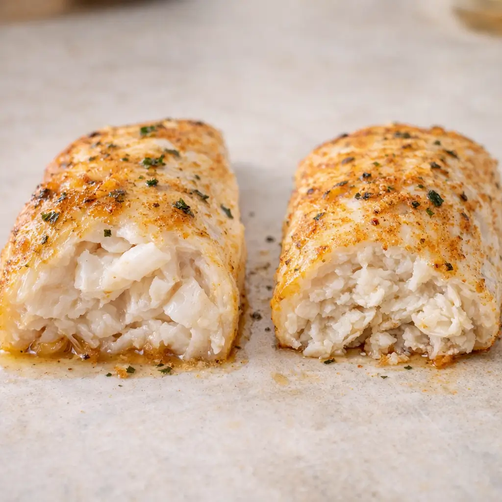 Side-by-side comparison of baked orange roughy reciepe showing slightly underdone fish on the left and overdone fish on the right.