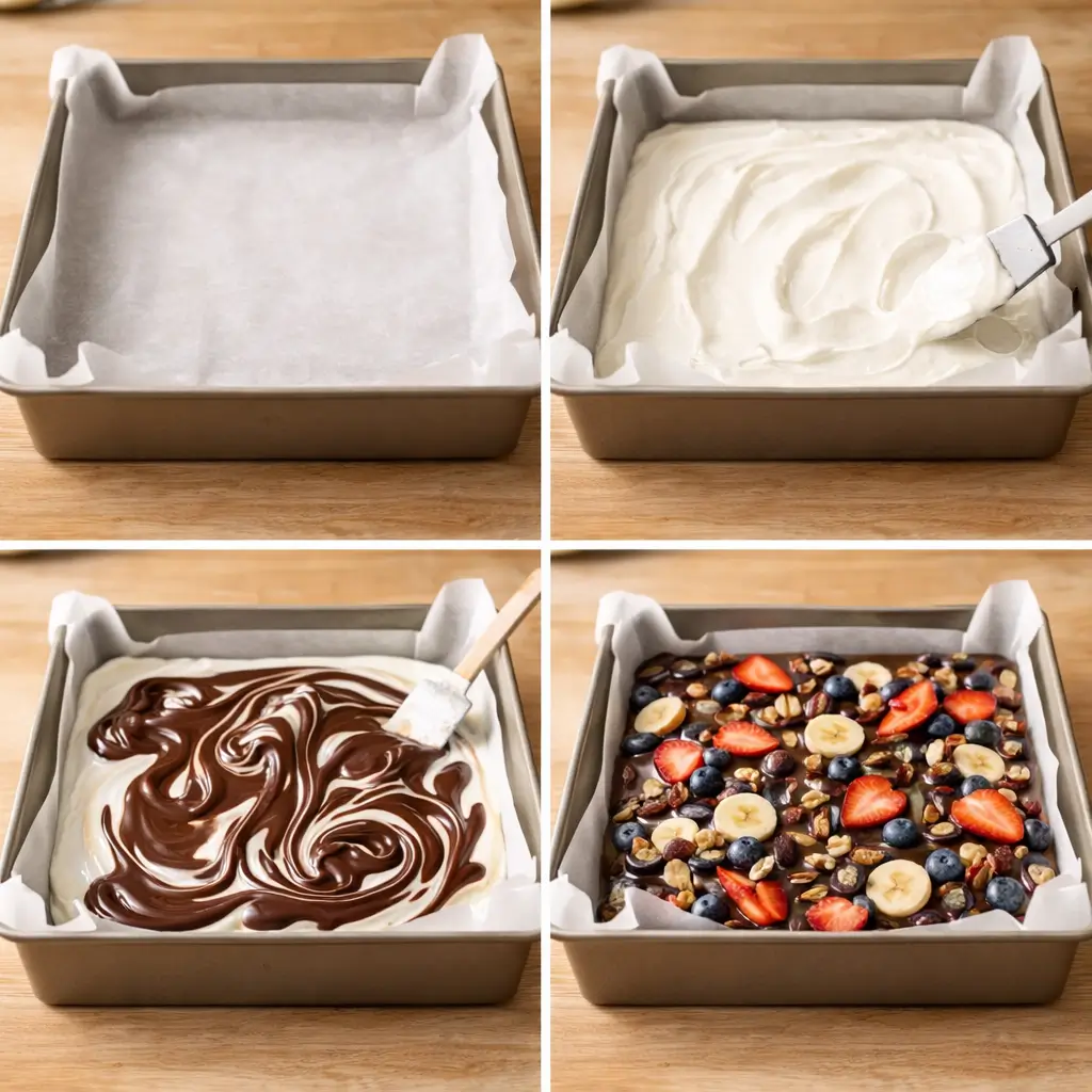 Step-by-step grid showing how to make chocolate yogurt bark recipe, from lining a pan with parchment paper and spreading Greek yogurt to swirling in melted chocolate and adding strawberries, blueberries, banana slices, and chopped nuts before freezing.